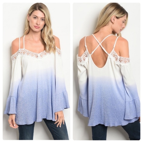 Love Tops - COLD SHOULDER 🆕️ Shirt Icy White Blue Bell Sleeve
